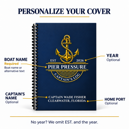Cover personalization guide: boat name or alternative text required; captain’s name, home port and year optional. EST and year are omitted when no year is supplied.