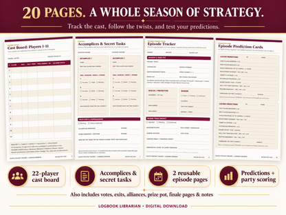 Preview of the 20-page Castle Strategy Tracker, featuring a cast board, Accomplice tracker, episode worksheets, prediction cards and party scoring.