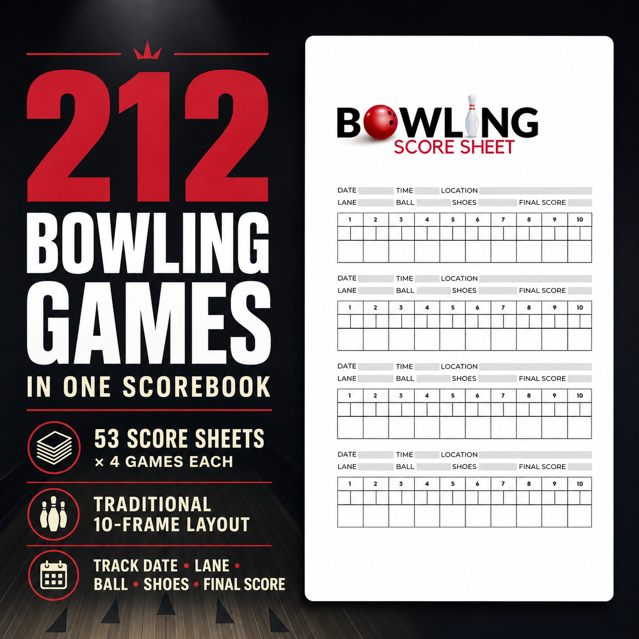 Bowling scorebook infographic showing capacity for 212 games, with 53 score sheets, four games per sheet and a traditional 10-frame scoring layout.