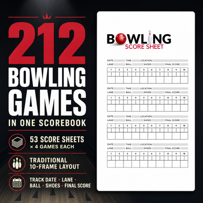 Bowling scorebook infographic showing capacity for 212 games, with 53 score sheets, four games per sheet and a traditional 10-frame scoring layout.