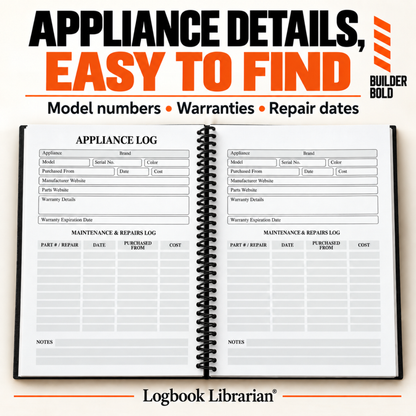 Open Builder Bold home maintenance log book showing appliance records for model numbers, warranties, repair dates and costs.