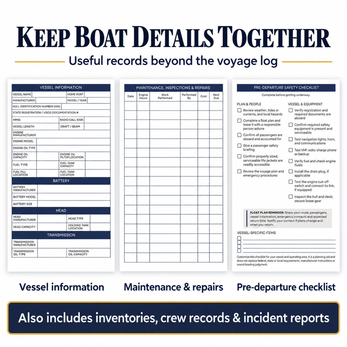 Captain’s Log maintenance record and pre-departure checklist previews with supporting boat records described.
