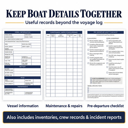 Captain’s Log maintenance record and pre-departure checklist previews with supporting boat records described.
