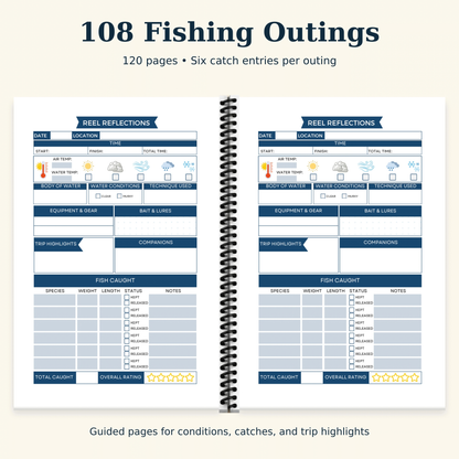 Open coil-bound fishing logbook showing two guided outing pages for conditions, equipment, catches, and trip highlights. Includes 108 fishing outing logs with six catch entries per outing.