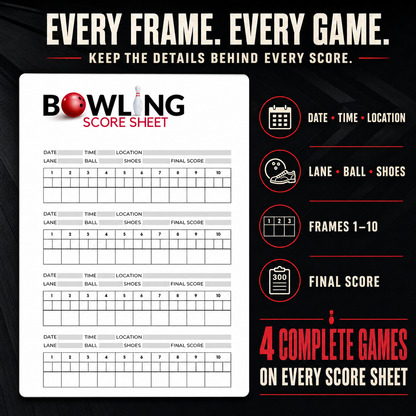 A bowling score sheet product shown on a dark promotional background. The sheet has multiple game score sections with fields for date, time, location, lane, ball, shoes, and final score, plus a bowling pin icon and the title 'BOWLING SCORE SHEET.