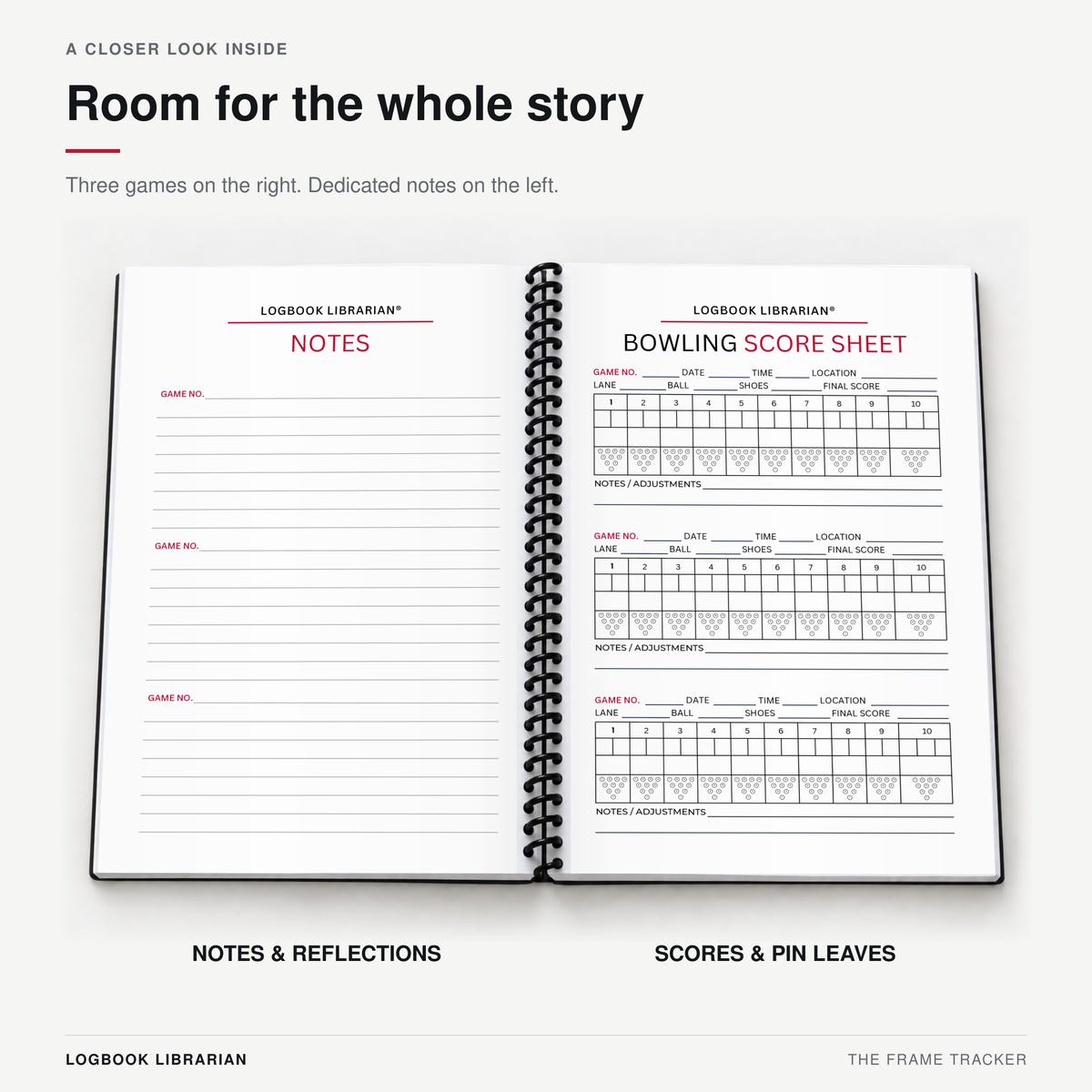 Open spiral-bound bowling scorebook with three lined notes sections on the left and three game score sheets with pin diagrams on the right.