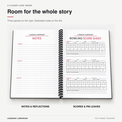 Open spiral-bound bowling scorebook with three lined notes sections on the left and three game score sheets with pin diagrams on the right.