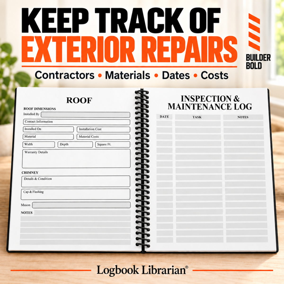 Builder Bold house record book open to roof details and an inspection and maintenance log for contractors, materials, dates and costs.