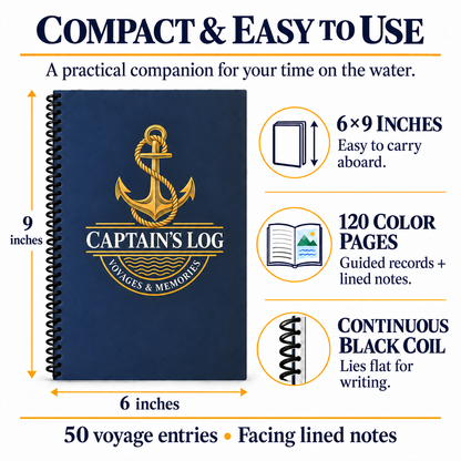 Captain's Log dimensions shown as 6 by 9 inches, with 120 color pages and continuous black coil binding. The slim book includes 50 voyage entries and facing lined notes.
