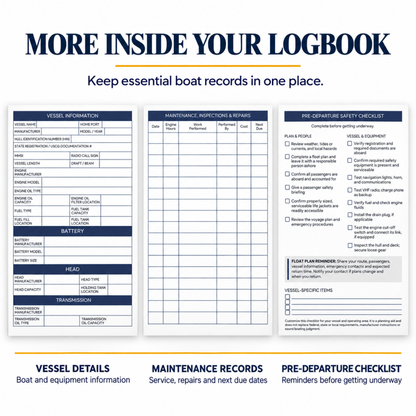 Captain’s Logbook interior pages for vessel information, maintenance, inspections and repairs, plus a pre-departure safety checklist.