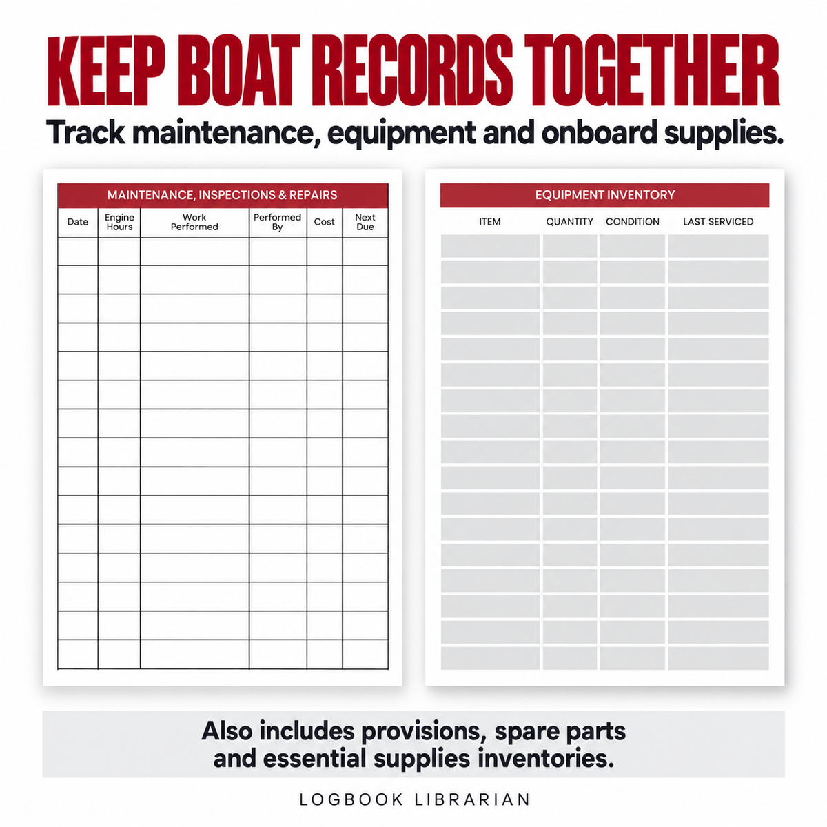 Pirate captain’s logbook maintenance and equipment inventory pages for recording repairs, costs, service dates and equipment.