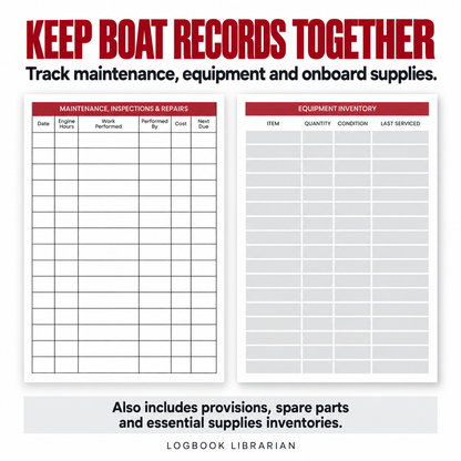 Pirate captain’s logbook maintenance and equipment inventory pages for recording repairs, costs, service dates and equipment.
