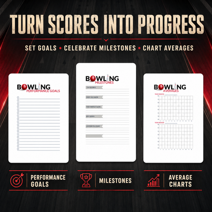 Bowling organizer pages for league information, bowling equipment, expenses and checklists, designed to keep season details together with game records.