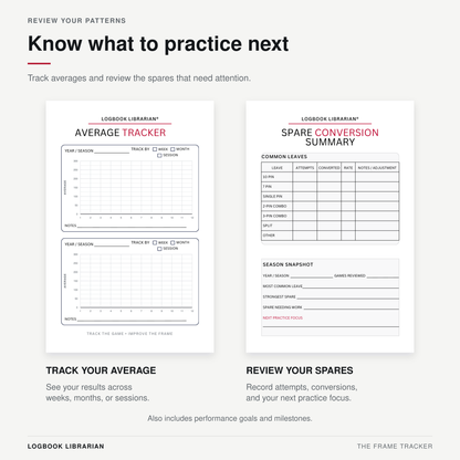 Bowling average tracker graphs and spare conversion summary pages for recording results, conversion rates, and practice priorities.