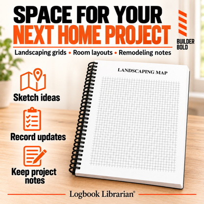 Builder Bold home project journal showing a landscaping grid for sketching ideas, with callouts for recording updates and project notes.