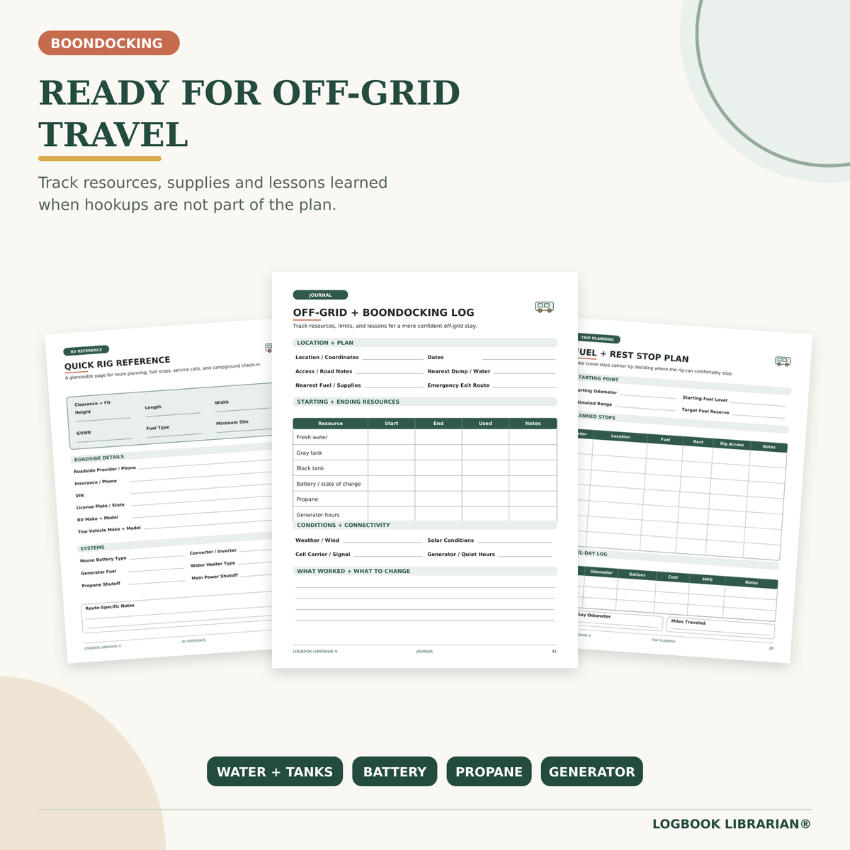 RV boondocking printable pages for tracking water, holding tanks, battery power, propane, generator use, fuel stops and rig details.