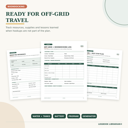RV boondocking printable pages for tracking water, holding tanks, battery power, propane, generator use, fuel stops and rig details.