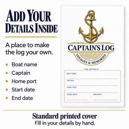 Captain's Log opening page with gold anchor artwork and blank fields for boat name, captain, home port, start date and end date. Buyers fill in their details by hand.
