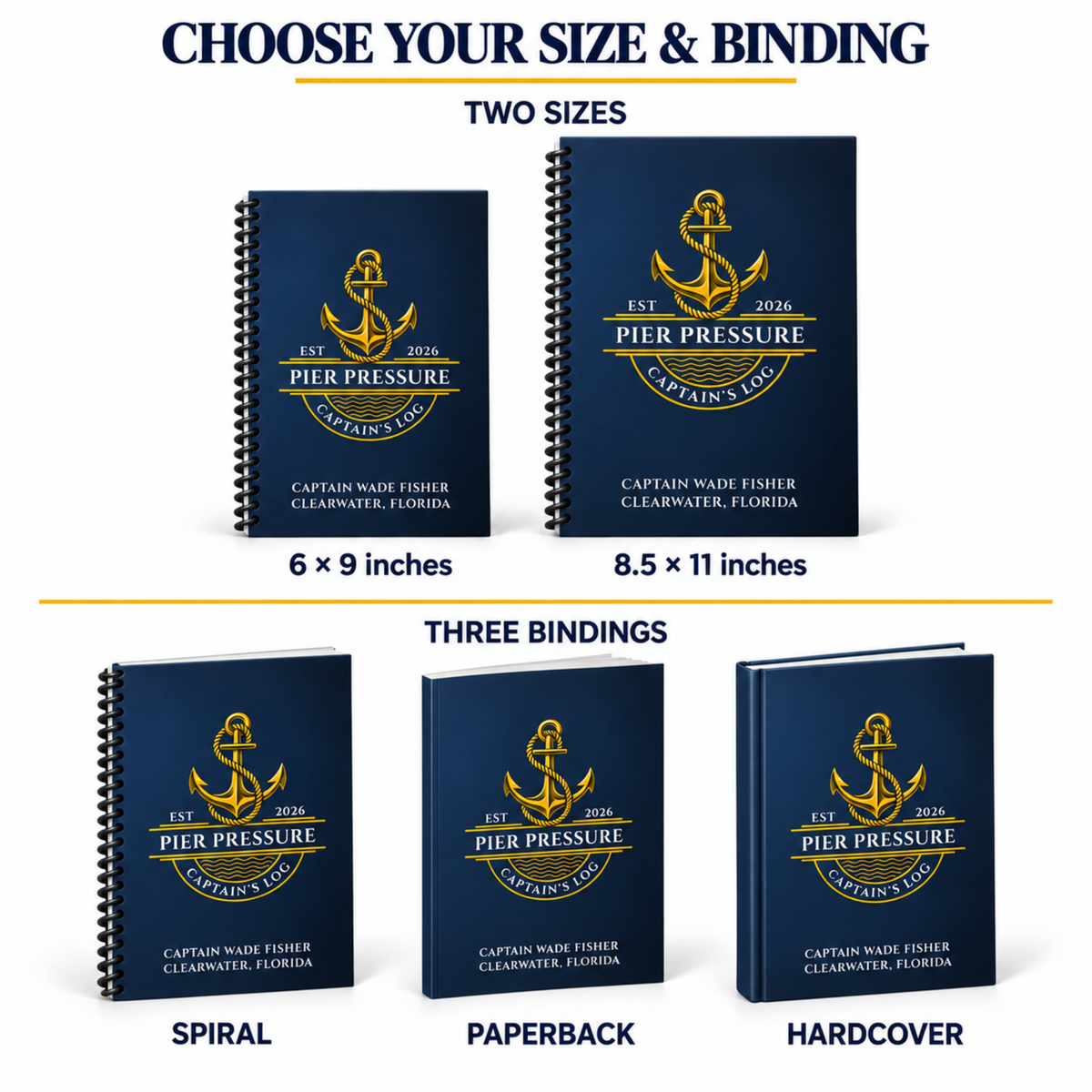 Personalized Fancy Anchor Captain’s Logbook shown in 6 × 9 and 8.5 × 11-inch sizes, with spiral, paperback and hardcover binding options.