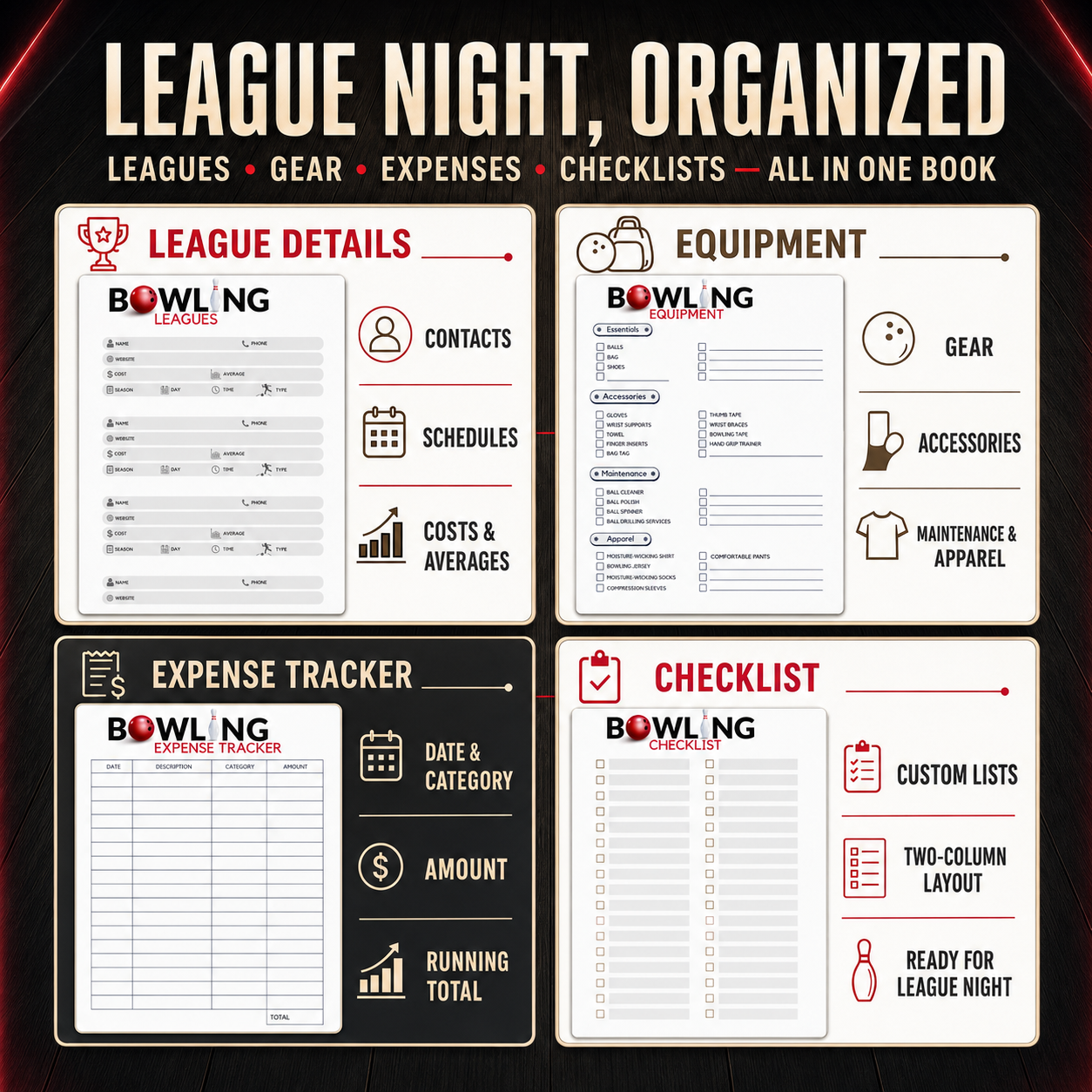 Bowling scorebook spread with a lined notes page on the left and a four-game bowling score sheet on the right for recording lane conditions, adjustments and takeaways.
