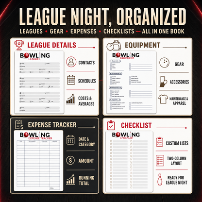 Bowling scorebook spread with a lined notes page on the left and a four-game bowling score sheet on the right for recording lane conditions, adjustments and takeaways.