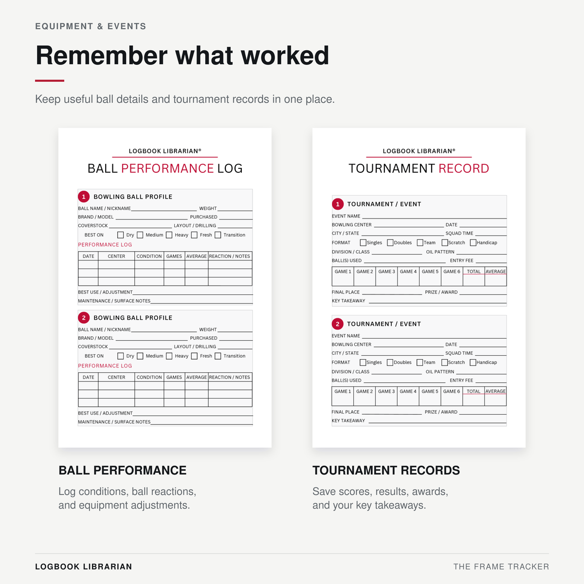 Ball performance log and tournament record pages for tracking bowling equipment, lane conditions, scores, results, and key takeaways.