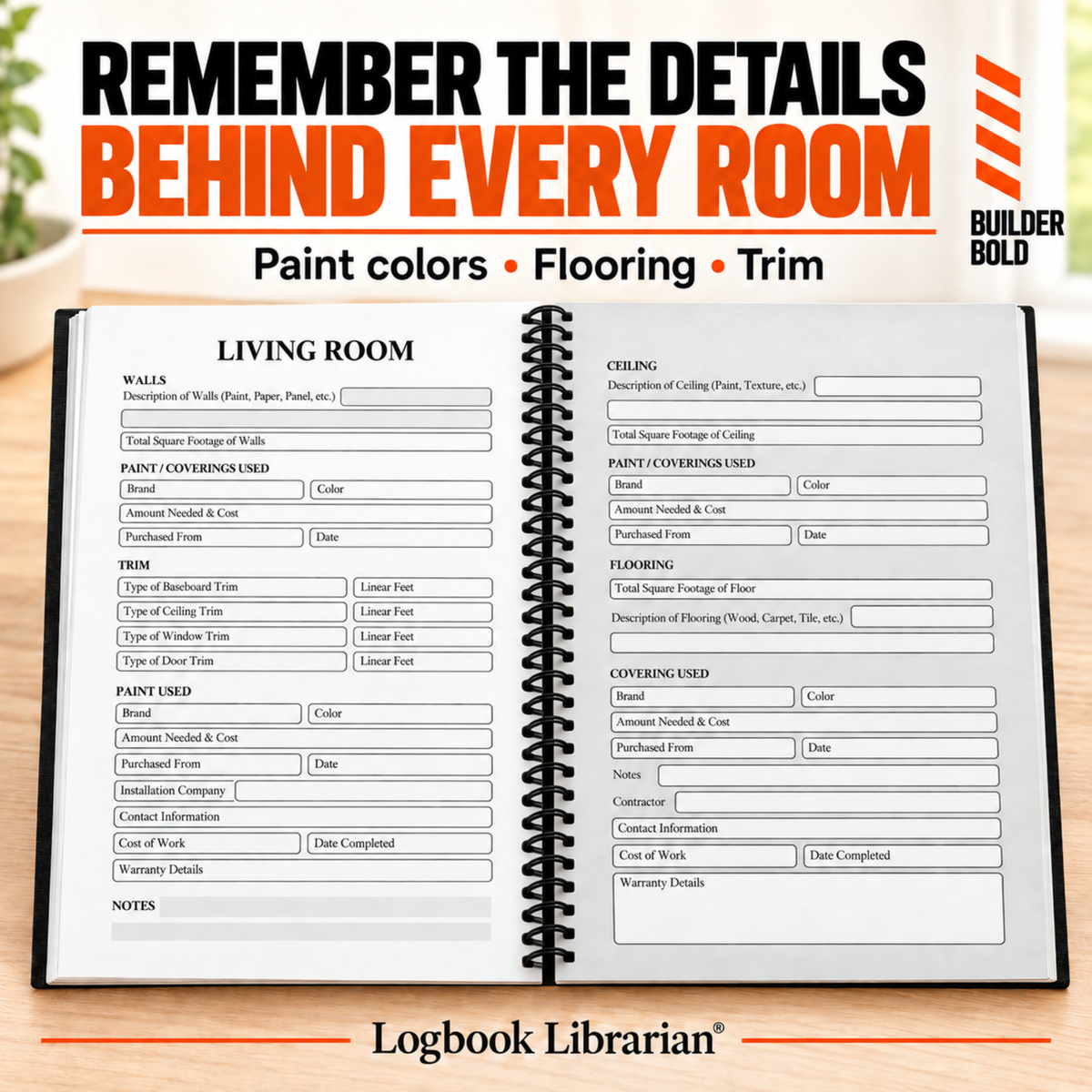 Builder Bold home maintenance log book with living room and appliance page previews for recording repairs, maintenance and home projects.