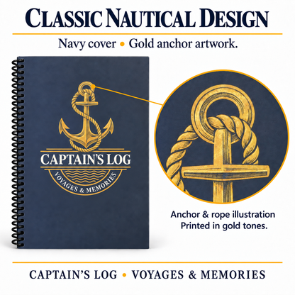 Navy Captain's Log cover with cream lettering, gold anchor and rope illustration, and black coil binding. A magnified detail shows the artwork printed in gold tones.
