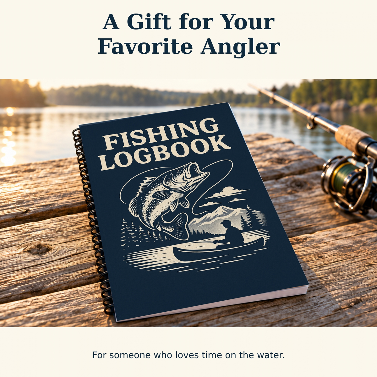 Navy spiral fishing logbook on a wooden dock beside a fishing rod and reel, with a lake in the background. Text reads, “A Gift for Your Favorite Angler.”
