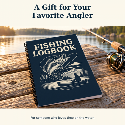Navy spiral fishing logbook on a wooden dock beside a fishing rod and reel, with a lake in the background. Text reads, “A Gift for Your Favorite Angler.”

