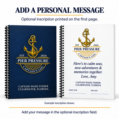 Personalized navy and gold Captain’s Logbook beside its first interior page, showing an optional printed inscription with a sample message signed “Love, Amy.”