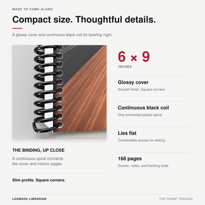 Close-up of the bowling scorebook’s continuous black coil binding, with details showing its 6-by-9-inch size, glossy cover, and 168 pages.