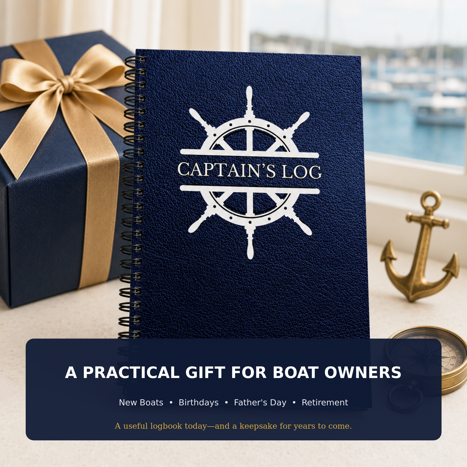 A navy blue spiral-bound gift book titled 'CAPTAIN'S LOG' with a white ship's wheel emblem, shown as a gift set with a matching navy box tied with a gold ribbon, an anchor, and a small compass on a windowsill with a marina view in the background.