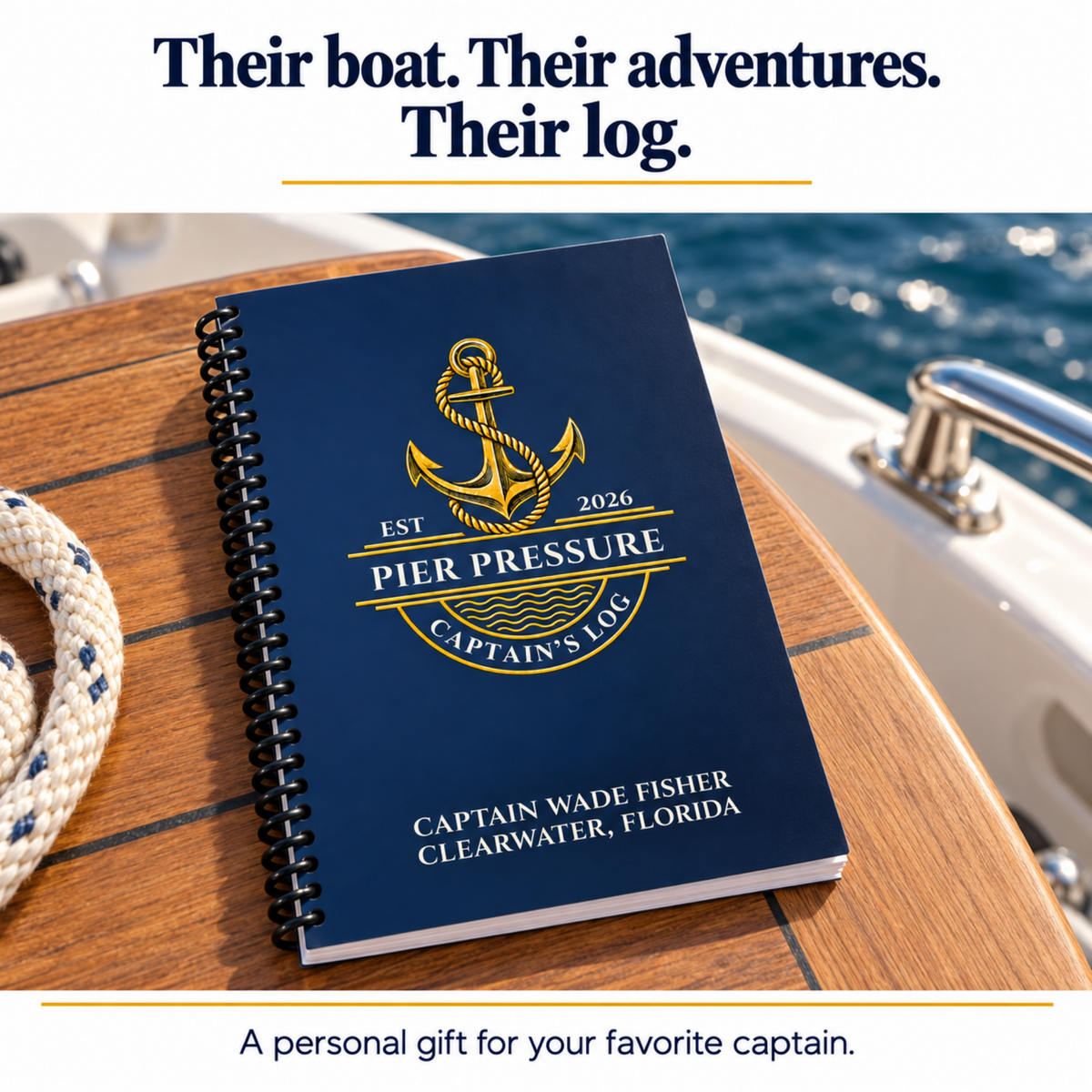 Navy and gold anchor Captain’s Logbook personalized with Pier Pressure, resting on a teak boat table beside marine rope with blue water behind it.