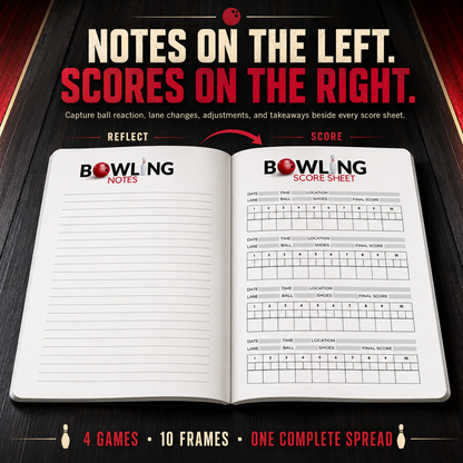 Bowling scorebook spread with a lined notes page on the left and a four-game bowling score sheet on the right for recording lane conditions, adjustments and takeaways.