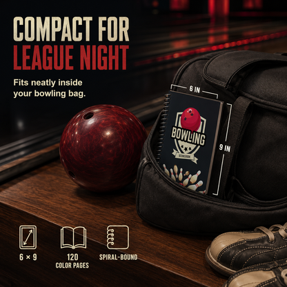 Compact 6 x 9 hardcover bowling scorebook shown fitting inside a bowling bag beside a red bowling ball. The book contains 120 color pages.