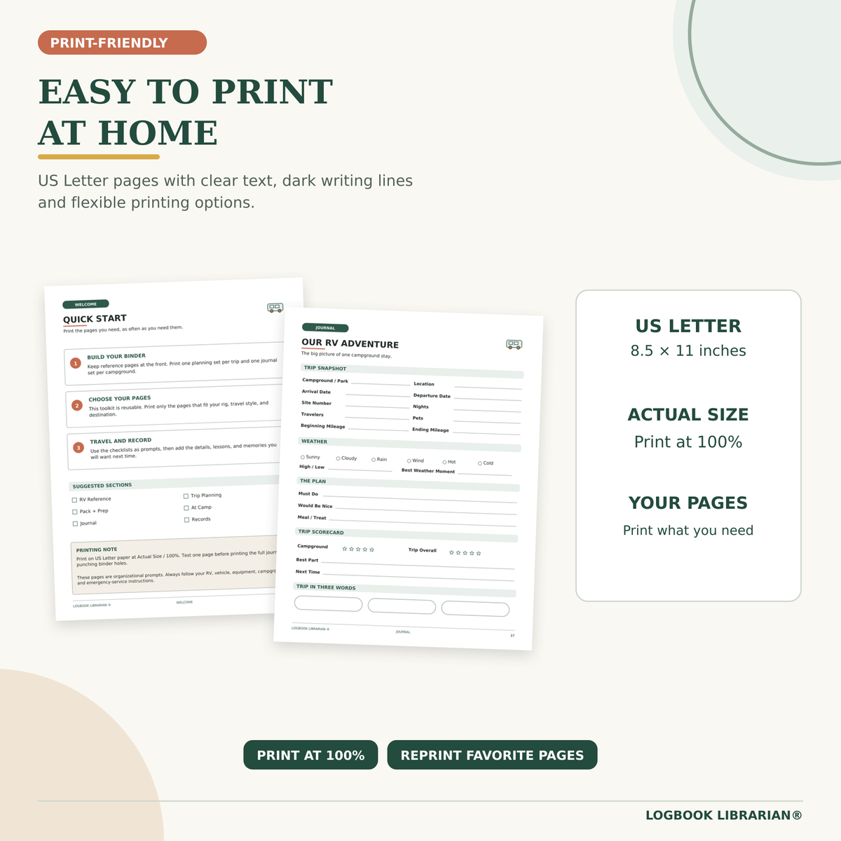 Print-friendly RV Travel Journal formatted for US Letter paper with half-inch safe margins and reusable pages that can be printed as needed.