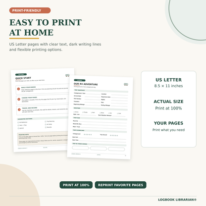 Print-friendly RV Travel Journal formatted for US Letter paper with half-inch safe margins and reusable pages that can be printed as needed.