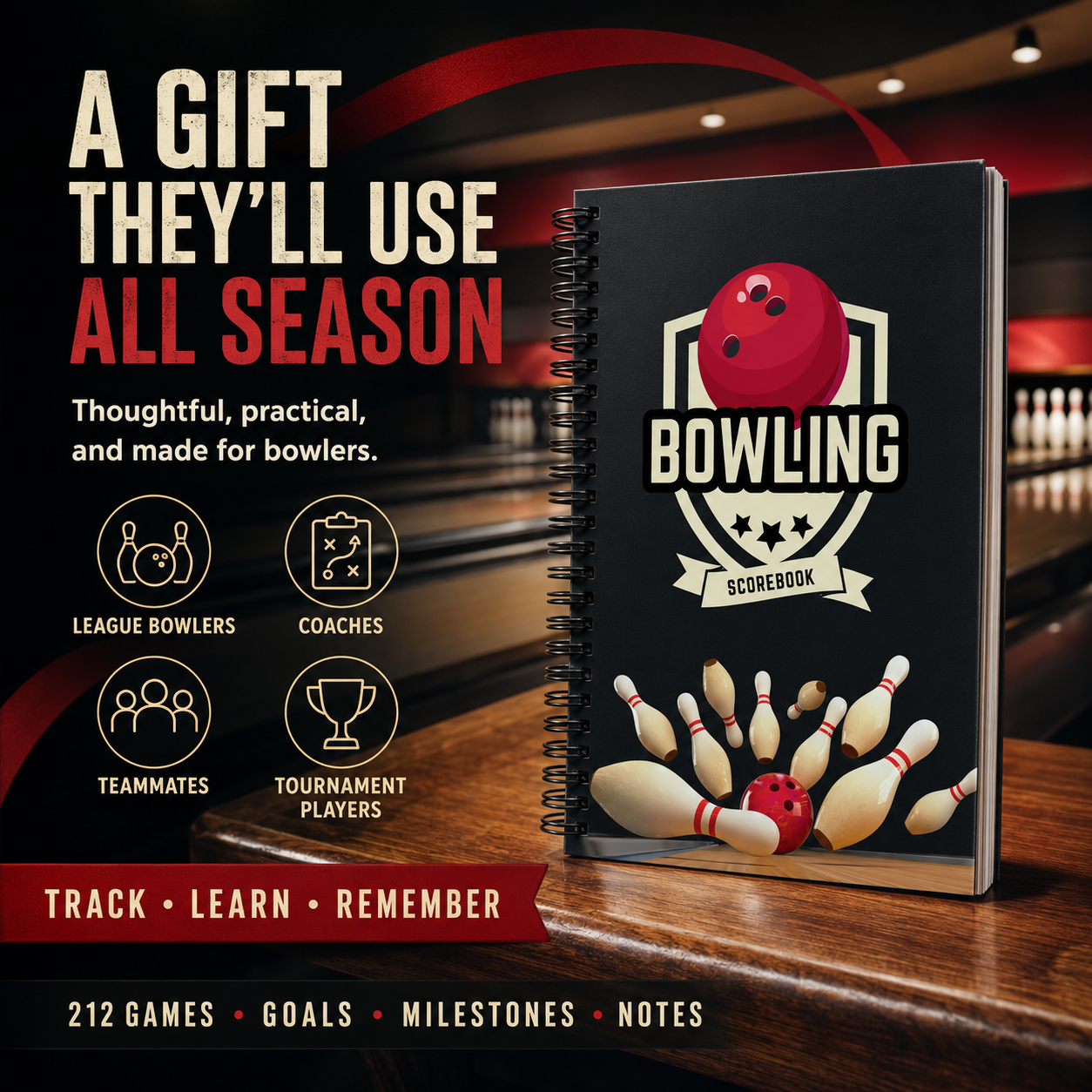 Bowling scorebook displayed at a bowling alley as a practical gift for league bowlers, coaches, teammates and tournament players.