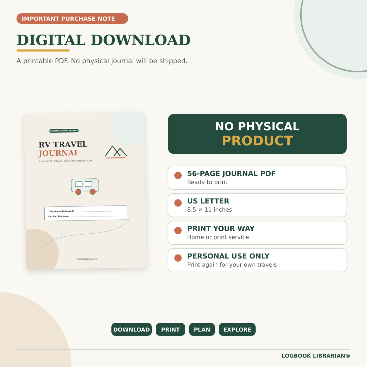 RV Travel Journal digital download containing one printable 56-page US Letter PDF; no physical product will be mailed.