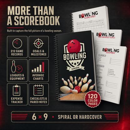 Bowling scorebook with sample interior pages and features including 212 game records, goals, milestones, leagues, equipment, averages, expenses, checklists and notes.
