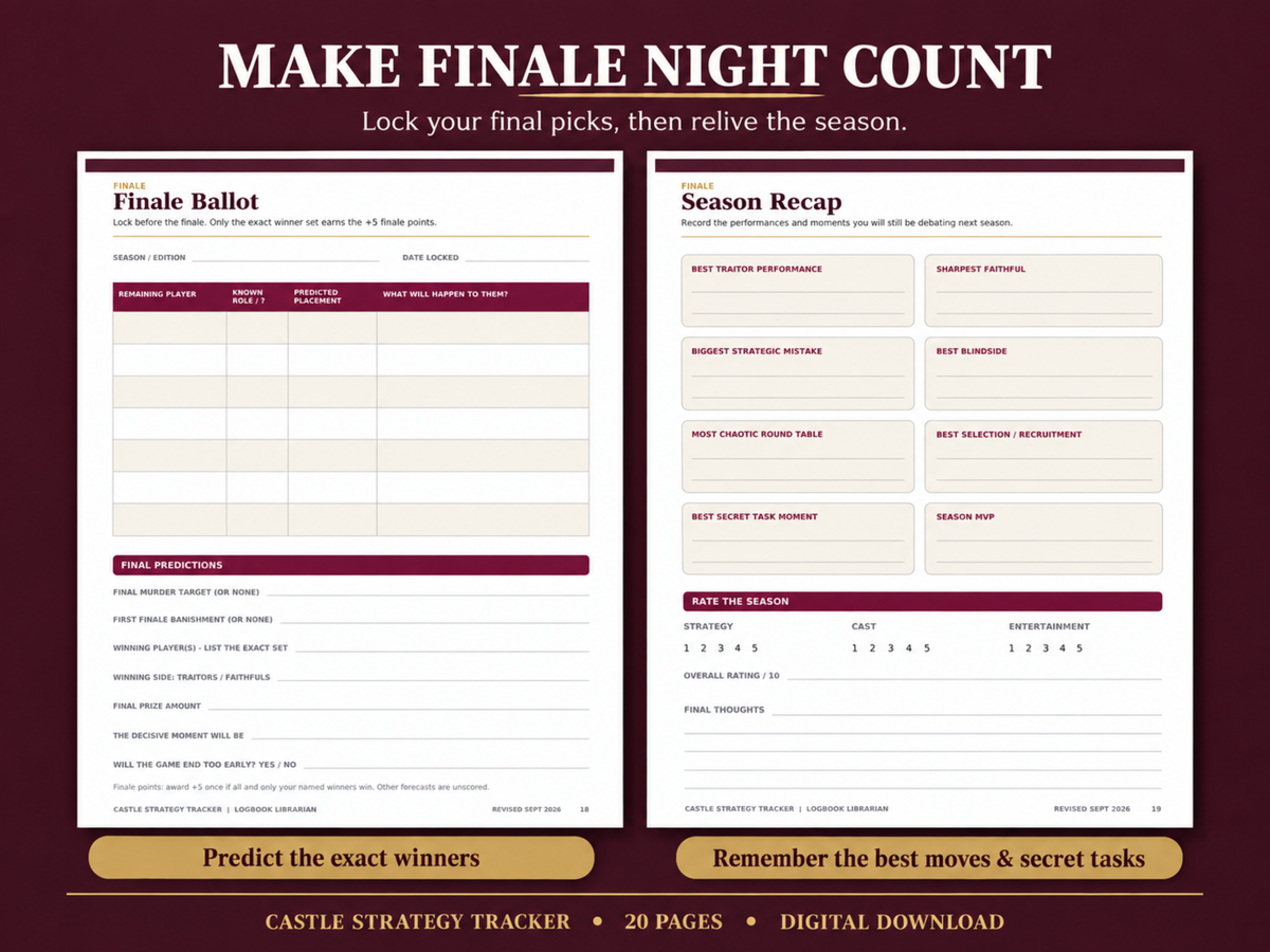 Finale Ballot and Season Recap worksheets for predicting the winners and recording memorable moves, secret tasks, favorite players and season ratings.