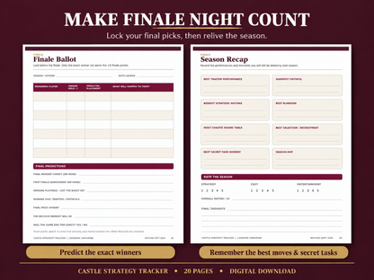 Finale Ballot and Season Recap worksheets for predicting the winners and recording memorable moves, secret tasks, favorite players and season ratings.