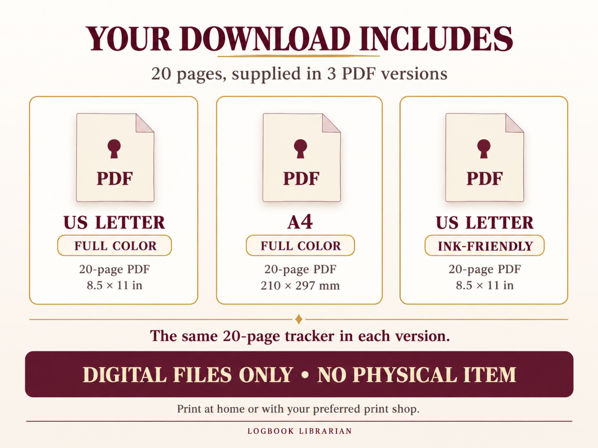 Download includes the same 20-page tracker in three PDF versions: US Letter color, A4 color and US Letter ink-friendly. Digital files only.