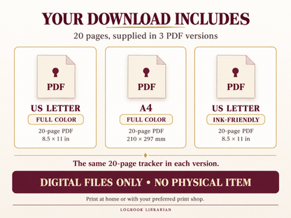 Download includes the same 20-page tracker in three PDF versions: US Letter color, A4 color and US Letter ink-friendly. Digital files only.