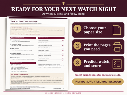How to use the Castle Strategy Tracker: choose your paper size, print the pages you need, follow along and score predictions. Instructions and scoring included.