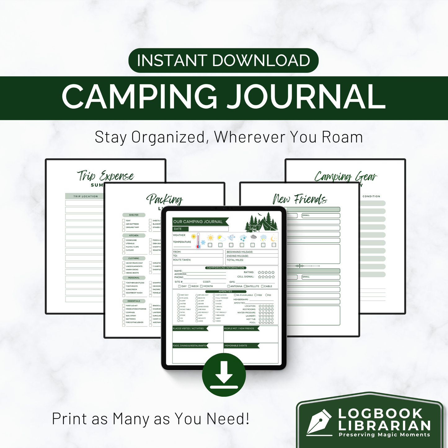 Printable camping journal PDF with campsite tracker, RV logbook, travel journal, meal planner, camping gear checklist, packing list, and expense tracker. Instant download for RV owners, tent campers, and full-time travelers. Digital logbook for documenting campground stays, outdoor adventures, and road trip memories. Includes multiple cover designs, reusable format, and print-at-home pages. Great camper gift or trip planner.