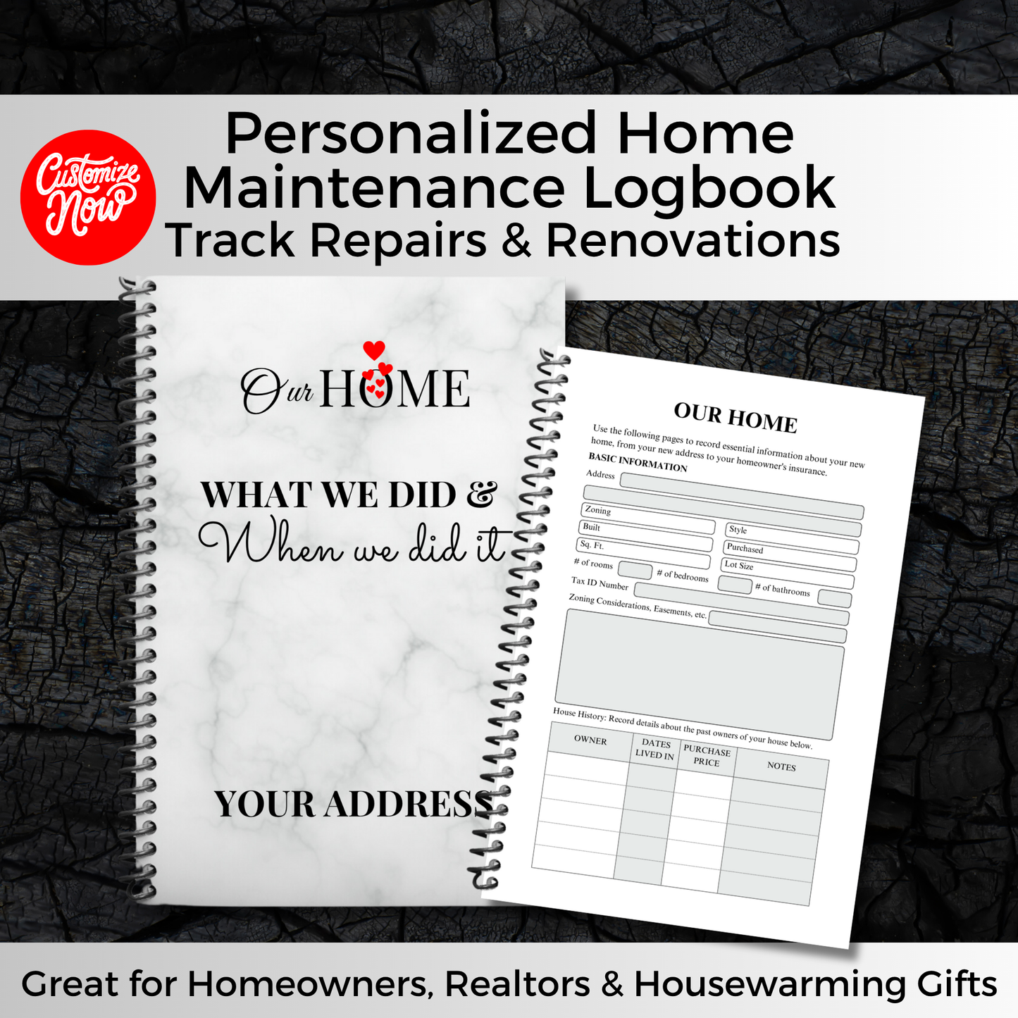 home maintenance log, home repair journal, home improvement tracker, house project planner, maintenance checklist, diy home planner, renovation planner, appliance log book, house repair tracker, track home repairs, new homeowner gift, housewarming book, real estate closing gift, spiral home log, house project log, custom home binder, home binder book, homeowner gift, new home gift, gift for homeowner, first time homeowner, household planner, appliance tracker, property maintenance, property repair tracker, 