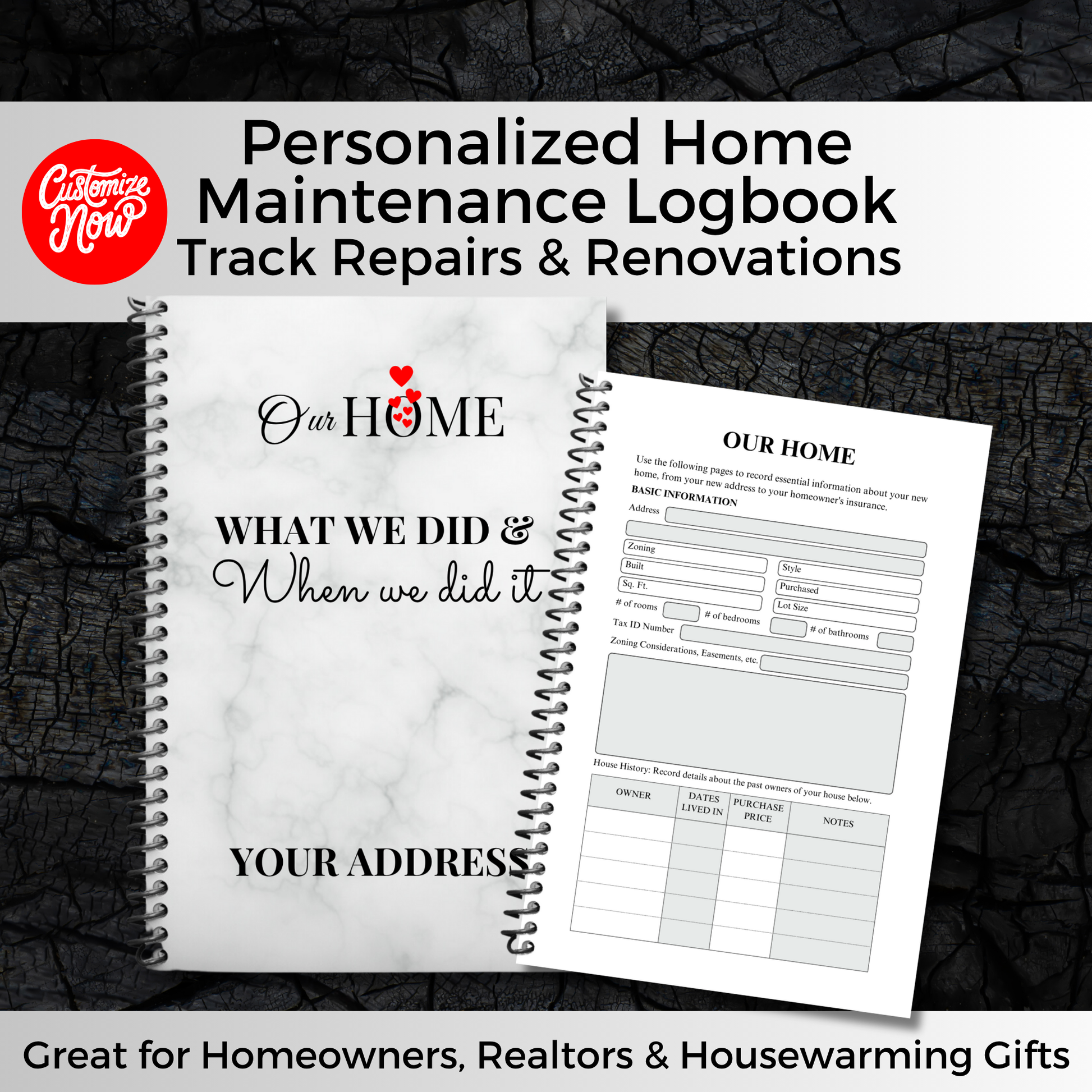 home maintenance log, home repair journal, home improvement tracker, house project planner, maintenance checklist, diy home planner, renovation planner, appliance log book, house repair tracker, track home repairs, new homeowner gift, housewarming book, real estate closing gift, spiral home log, house project log, custom home binder, home binder book, homeowner gift, new home gift, gift for homeowner, first time homeowner, household planner, appliance tracker, property maintenance, property repair tracker, 
