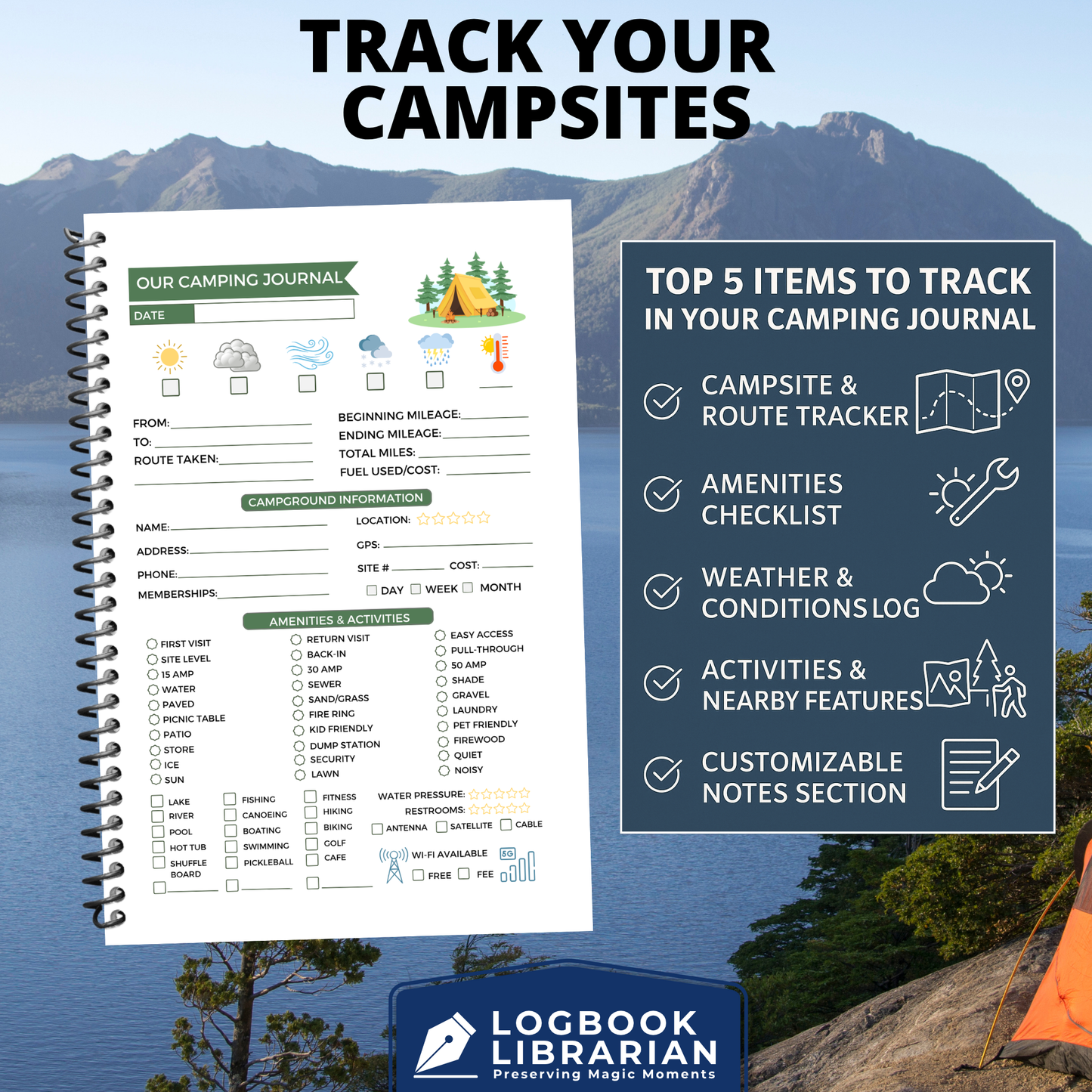 Camping Journal – Spiral Bound Log Book for Campers & RVers | Track 50+ Trips | Campground Info, Activities, Meals, & Memories | 6" x 9", 120 Pages